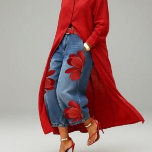 SELLBAY RED BLOOM DENIM SET