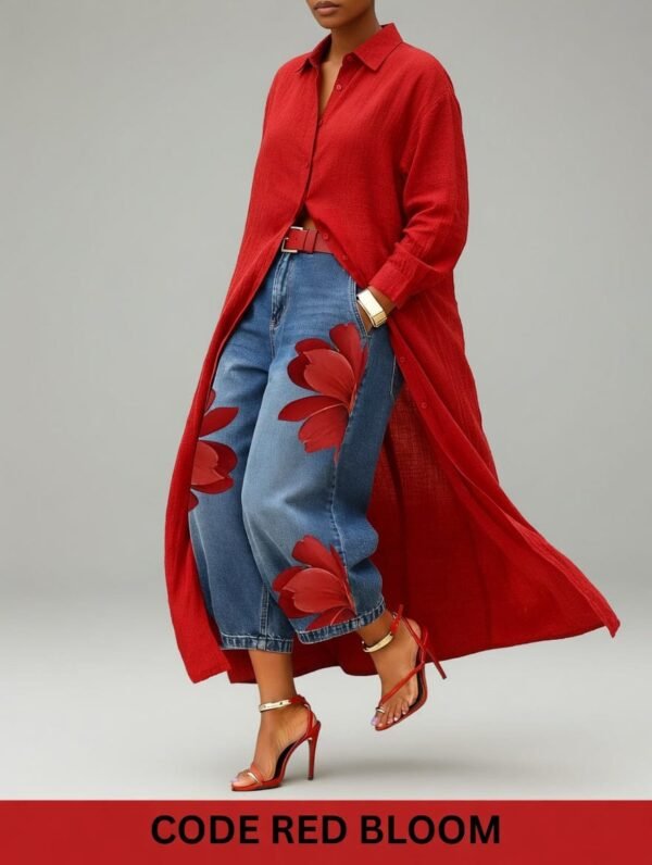 SELLBAY RED BLOOM DENIM SET