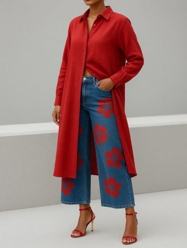 Red Blossom Denim Set
