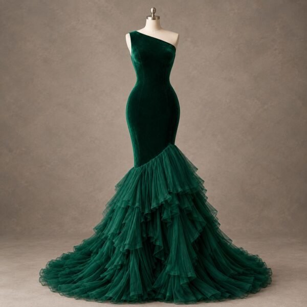 SELLBAY Crimson One Shoulder Mermaid Gown in luxury velvet with layered tulle mermaid skirt and extended train, available in Crimson, Emerald Green and Black
