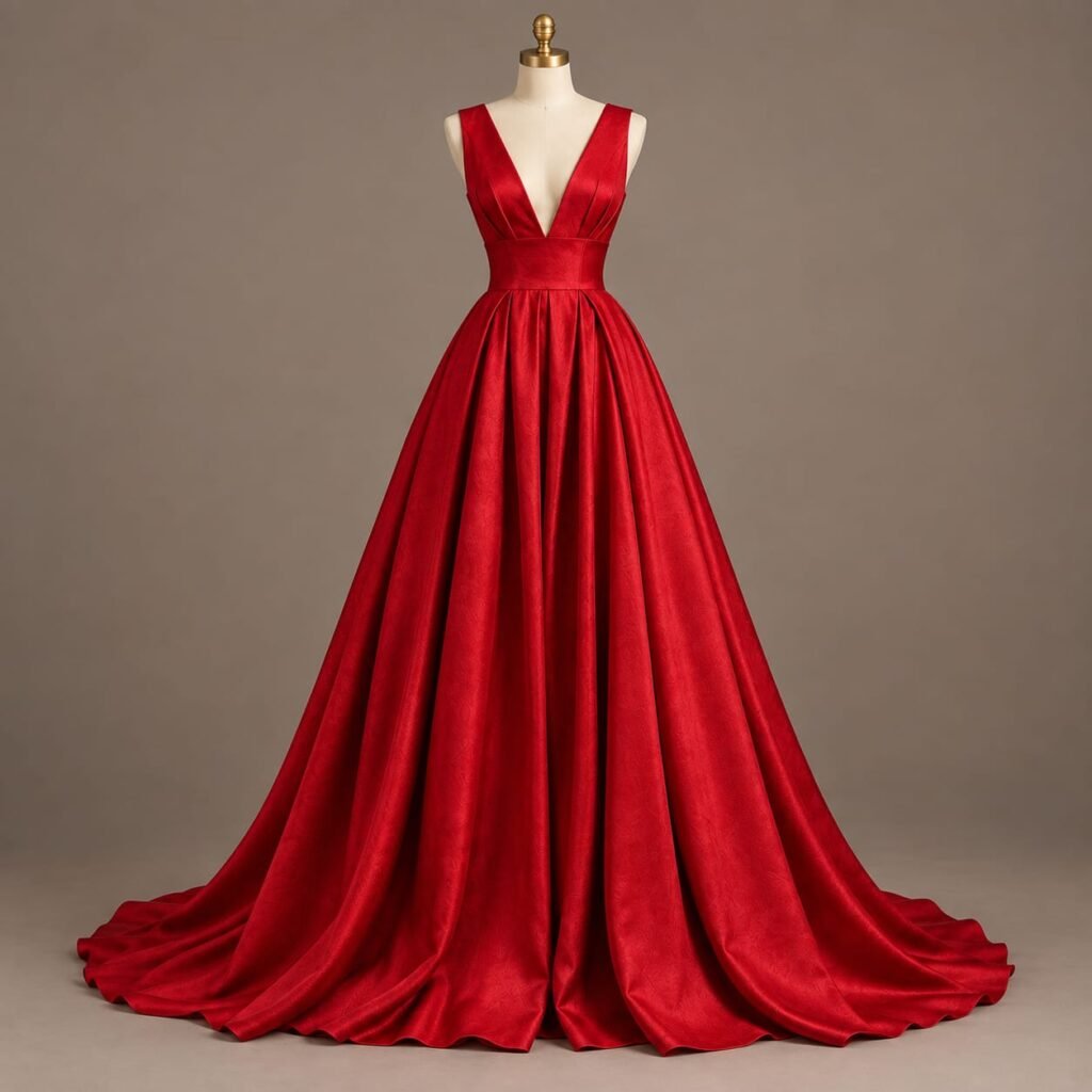 SELLBAY RED MAXI IN PREMIUM RED SILK WITH DEEP V-NECK AND FLOWING FLOOR-LENGTH SKIRT ON A MANNEQUIN