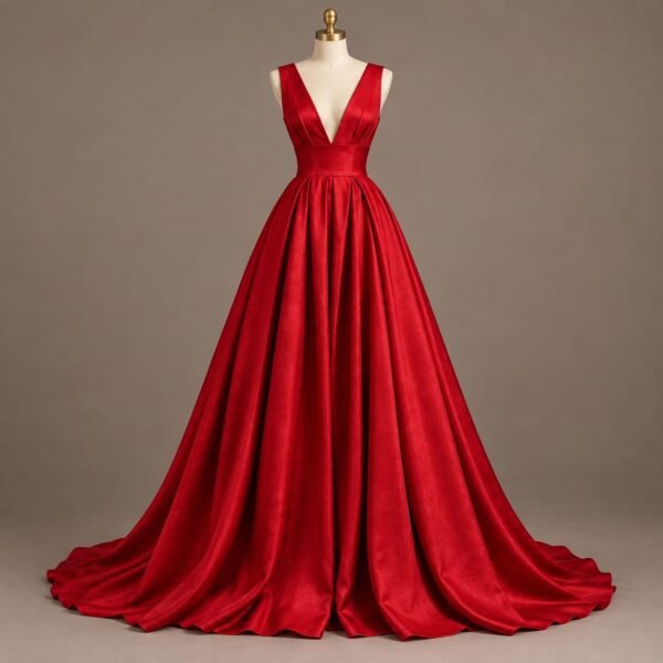 SELLBAY RED MAXI IN PREMIUM RED SILK WITH DEEP V-NECK AND FLOWING FLOOR-LENGTH SKIRT ON A MANNEQUIN