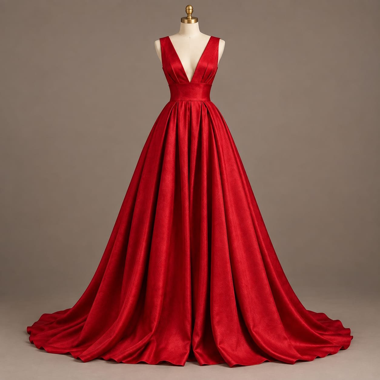 SELLBAY RED MAXI IN PREMIUM RED SILK WITH DEEP V-NECK AND FLOWING FLOOR-LENGTH SKIRT ON A MANNEQUIN