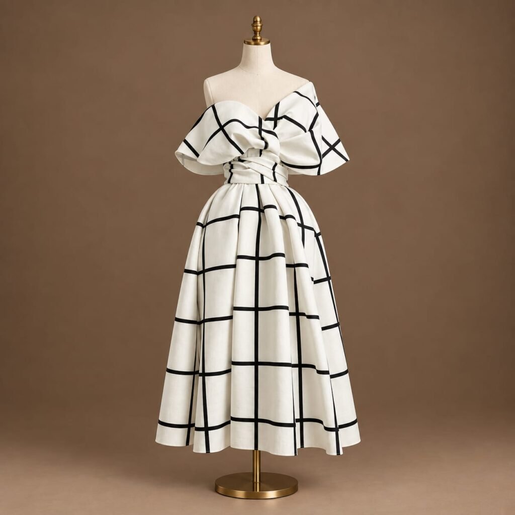 Shop SELLBAY Monochrome Grace, an elegant ivory-white and black off-shoulder midi dress with dramatic ruffle sleeves, structured waist and voluminous flare. Available in US sizes XS–XL.