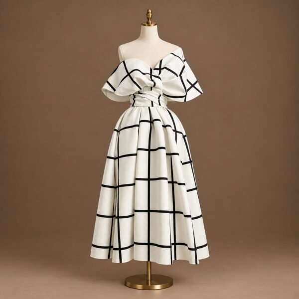 Shop SELLBAY Monochrome Grace, an elegant ivory-white and black off-shoulder midi dress with dramatic ruffle sleeves, structured waist and voluminous flare. Available in US sizes XS–XL.