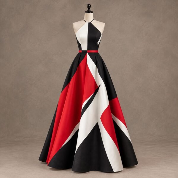 SELLBAY Geometry Gown in red, black and ivory geometric patchwork design displayed on a mannequin
