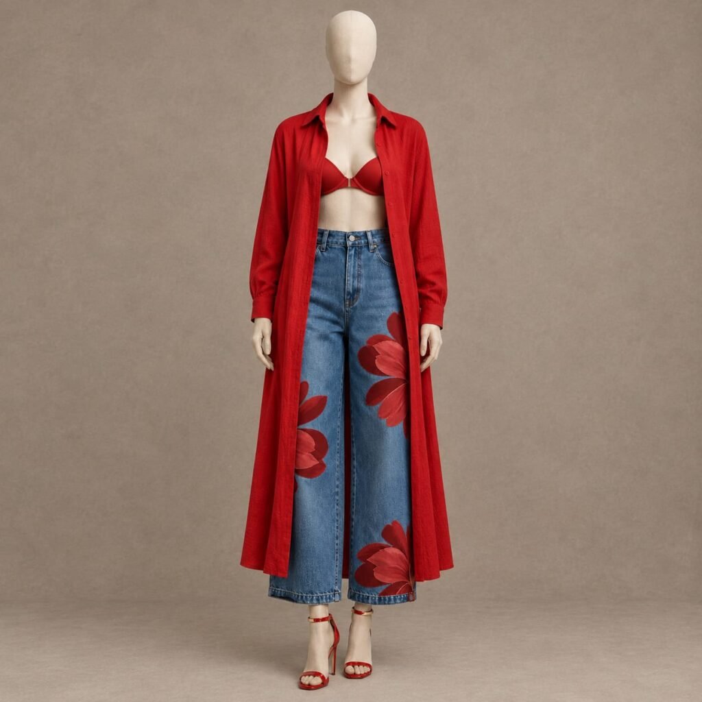 SELLBAY Red Bloom Denim Set featuring wide-leg blue jeans with oversized red floral appliqués, a longline red coat, red bralette and red strappy heels