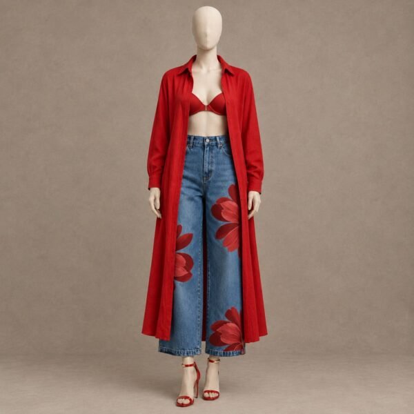 SELLBAY Red Bloom Denim Set featuring wide-leg blue jeans with oversized red floral appliqués, a longline red coat, red bralette and red strappy heels