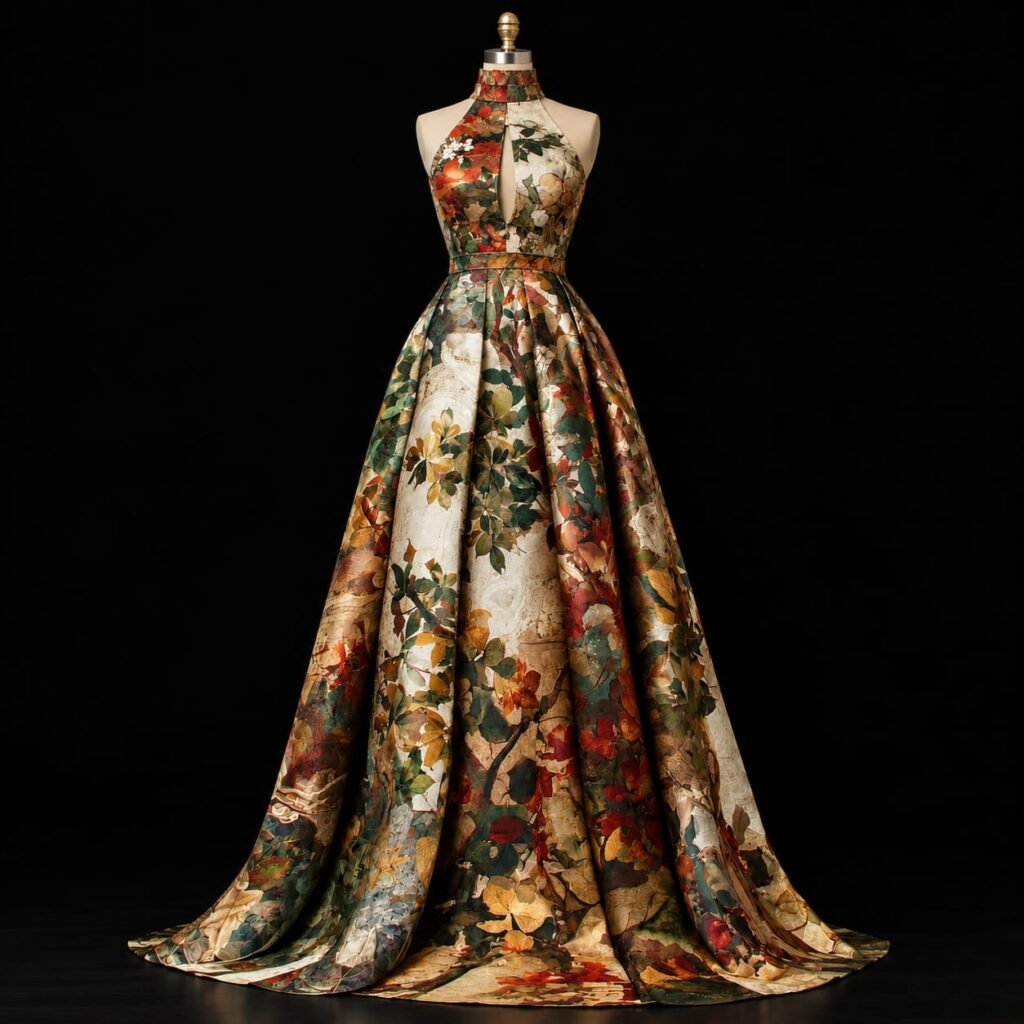 SELLBAY Botanical Halter Ball Gown in detailed botanical print with halter neckline, keyhole front, fitted waist, and full floor-length skirt