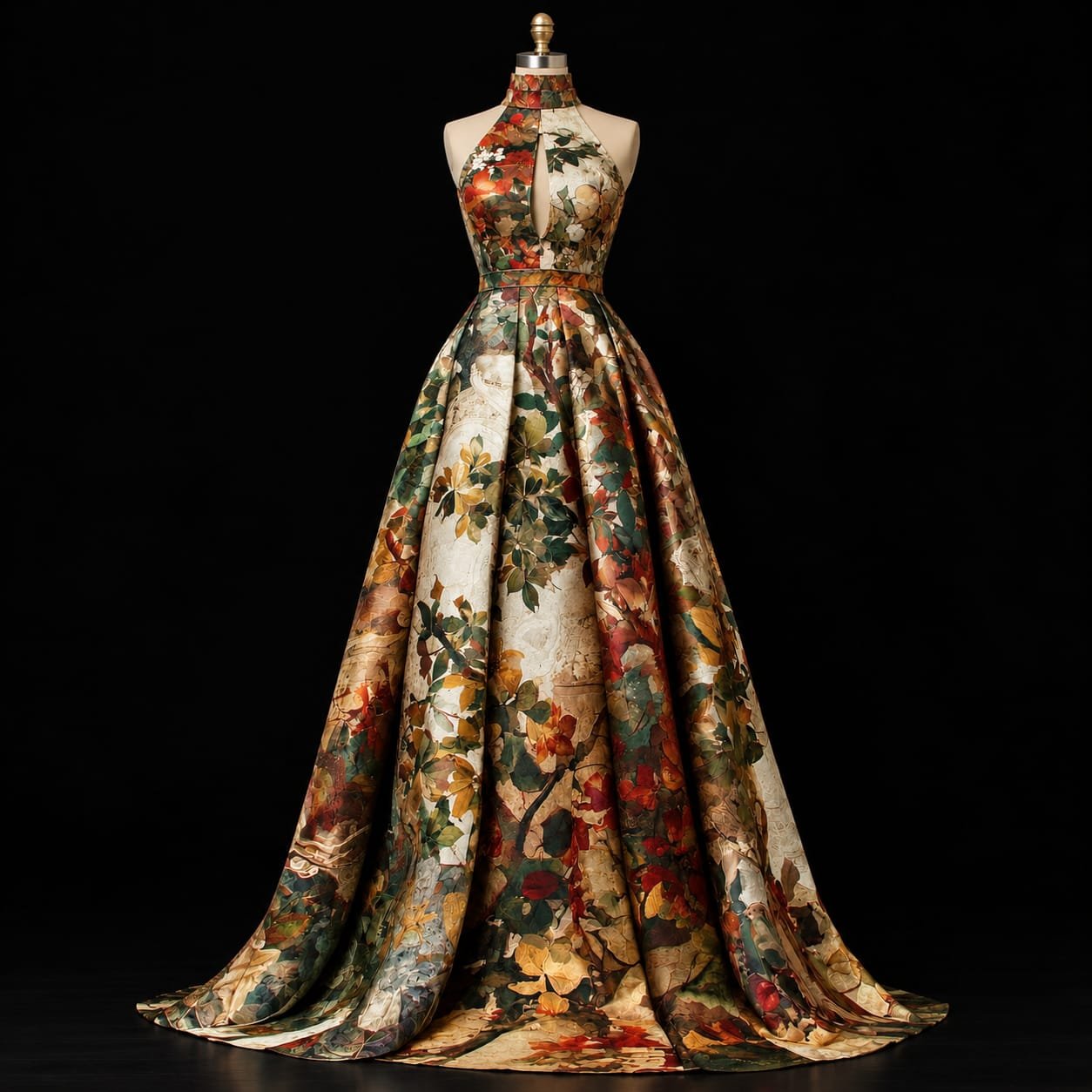 SELLBAY Botanical Halter Ball Gown in detailed botanical print with halter neckline, keyhole front, fitted waist, and full floor-length skirt