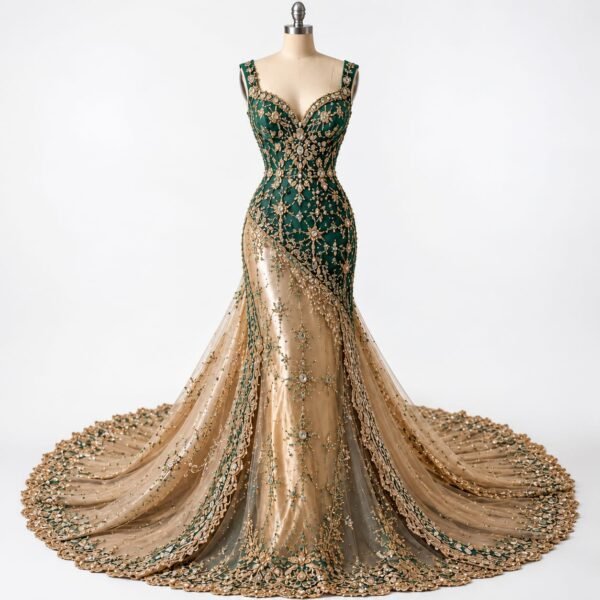 Emerald green and champagne gold luxury mermaid cathedral gown on a mannequin, featuring intricate hand-embellished zardozi-style embroidery, crystals, floral detailing, and a dramatic scalloped train.