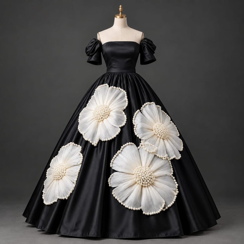 SELLBAY Midnight Blossom Royal Gown in black satin with white 3D floral appliqués and pearl detailing