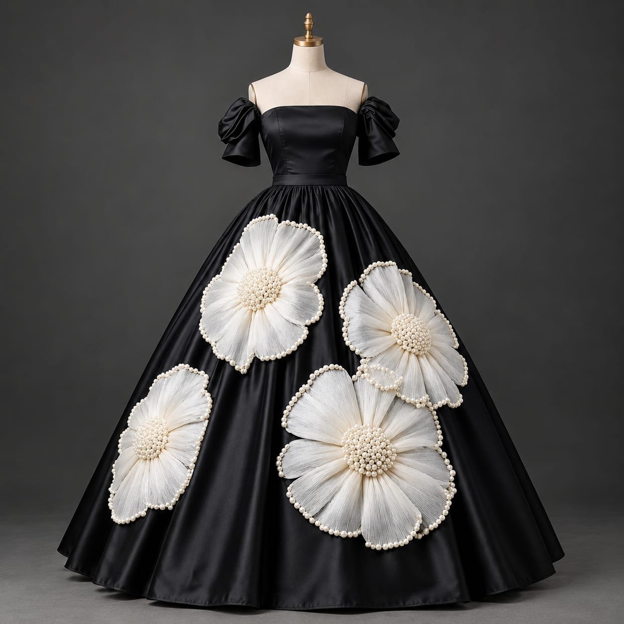 SELLBAY Midnight Blossom Royal Gown in black satin with white 3D floral appliqués and pearl detailing