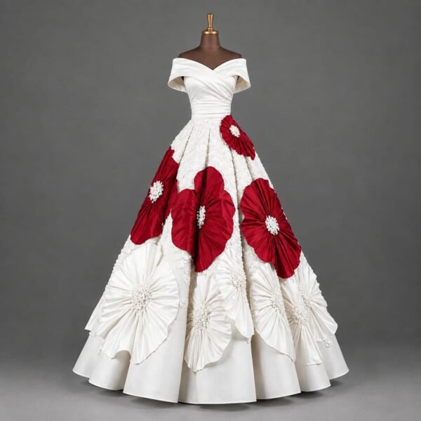 SELLBAY SILK FOLRALS BALL GOWN with ivory satin, deep red pleated floral appliqués, pearl centers, and off-shoulder couture bodice