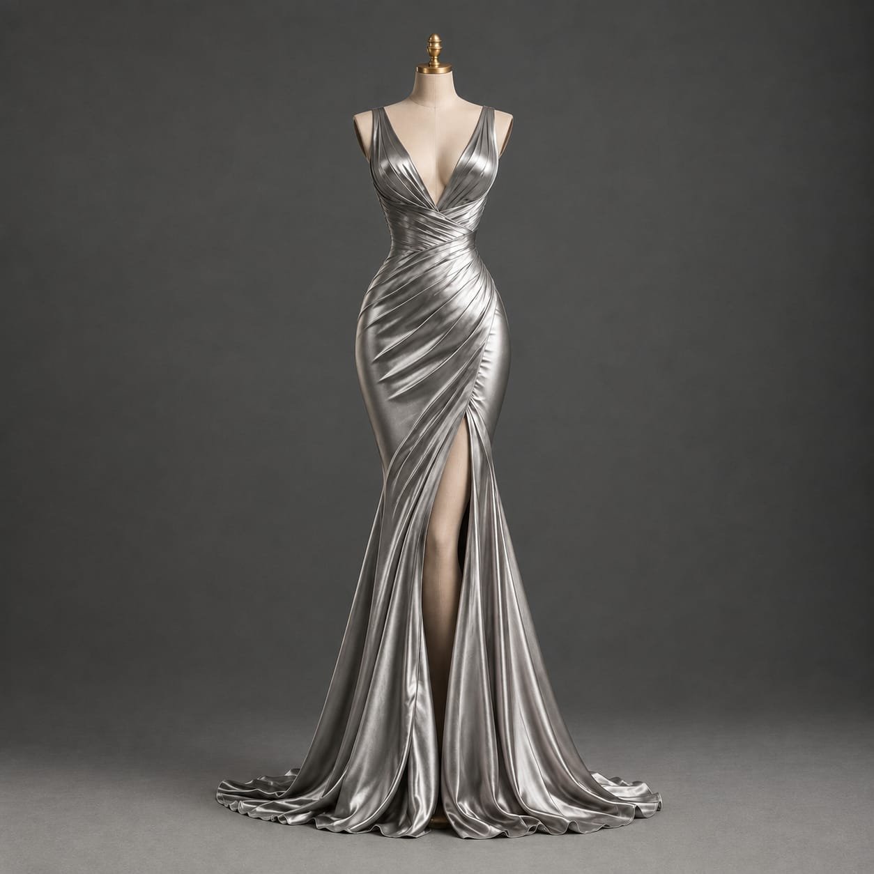 SELLBAY Moonlight Tide Gown in Silver Moonlight with draped pleats, deep V-neckline, fitted silhouette, thigh-high slit, and flowing floor-length train displayed on a mannequin.