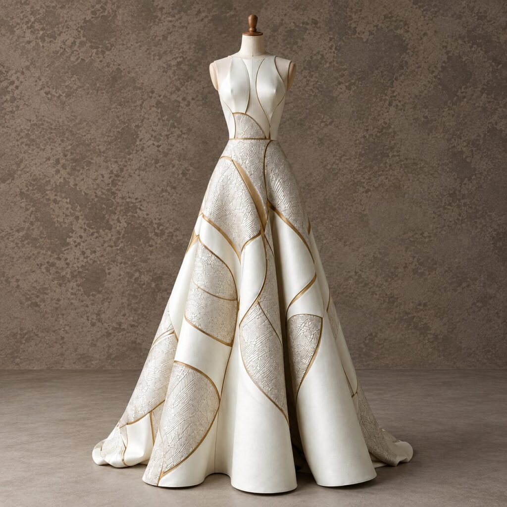 SELLBAY ivory couture ball gown with structured sculpted silhouette, handcrafted panel detailing, golden contour lines, and premium finishing, available in XS to XXL and custom sizes.