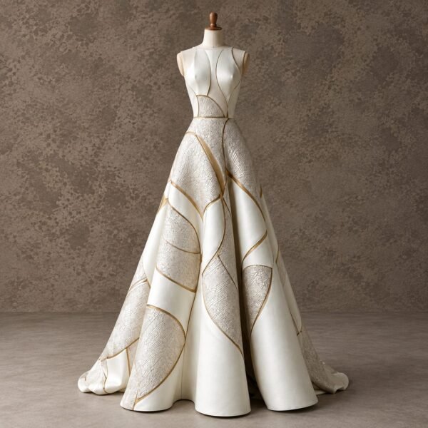 SELLBAY ivory couture ball gown with structured sculpted silhouette, handcrafted panel detailing, golden contour lines, and premium finishing, available in XS to XXL and custom sizes.