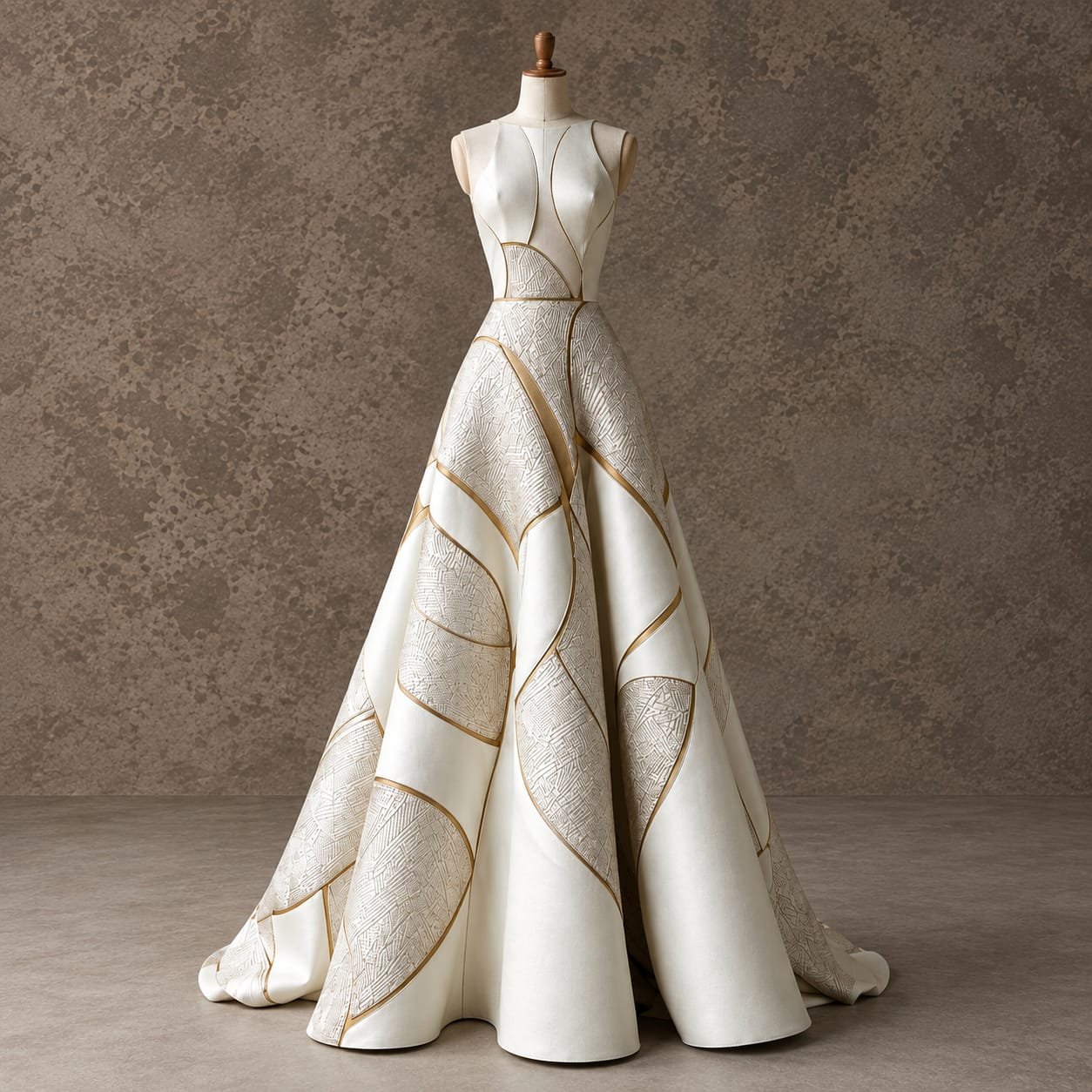 SELLBAY ivory couture ball gown with structured sculpted silhouette, handcrafted panel detailing, golden contour lines, and premium finishing, available in XS to XXL and custom sizes.