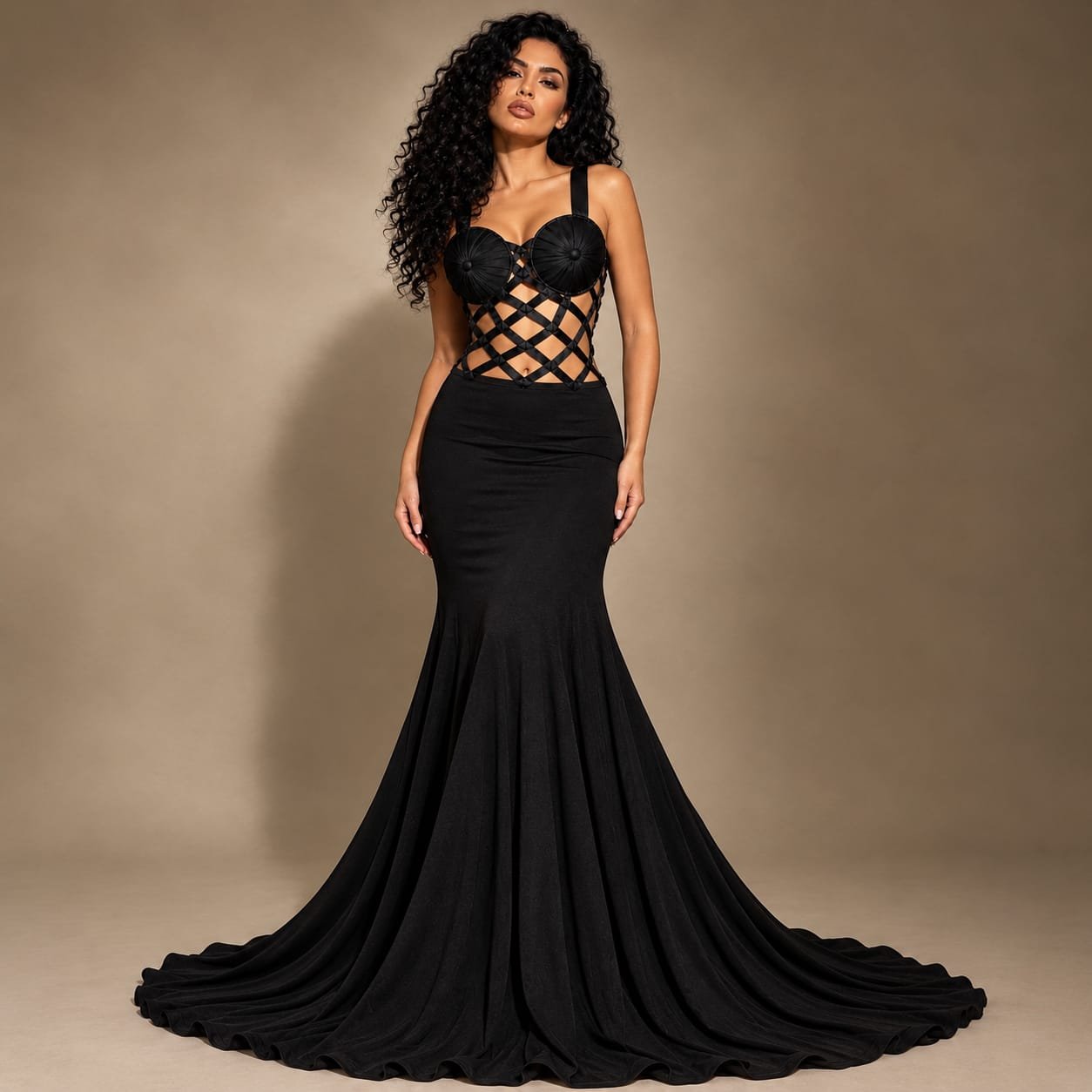 SELLBAY Noir Lattice Icon Skirt Set featuring a black sculpted lattice top and floor-length mermaid skirt