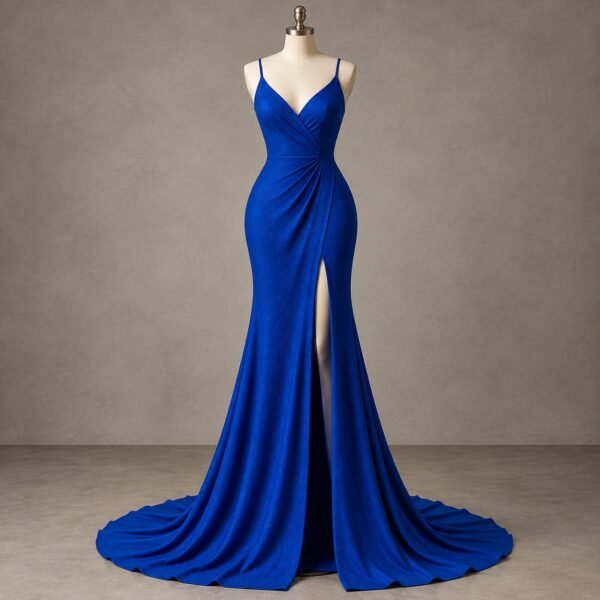 SELLBAY Blue Maxi royal blue jersey floor-length evening gown with V-neck, ruching, high slit and flowing train