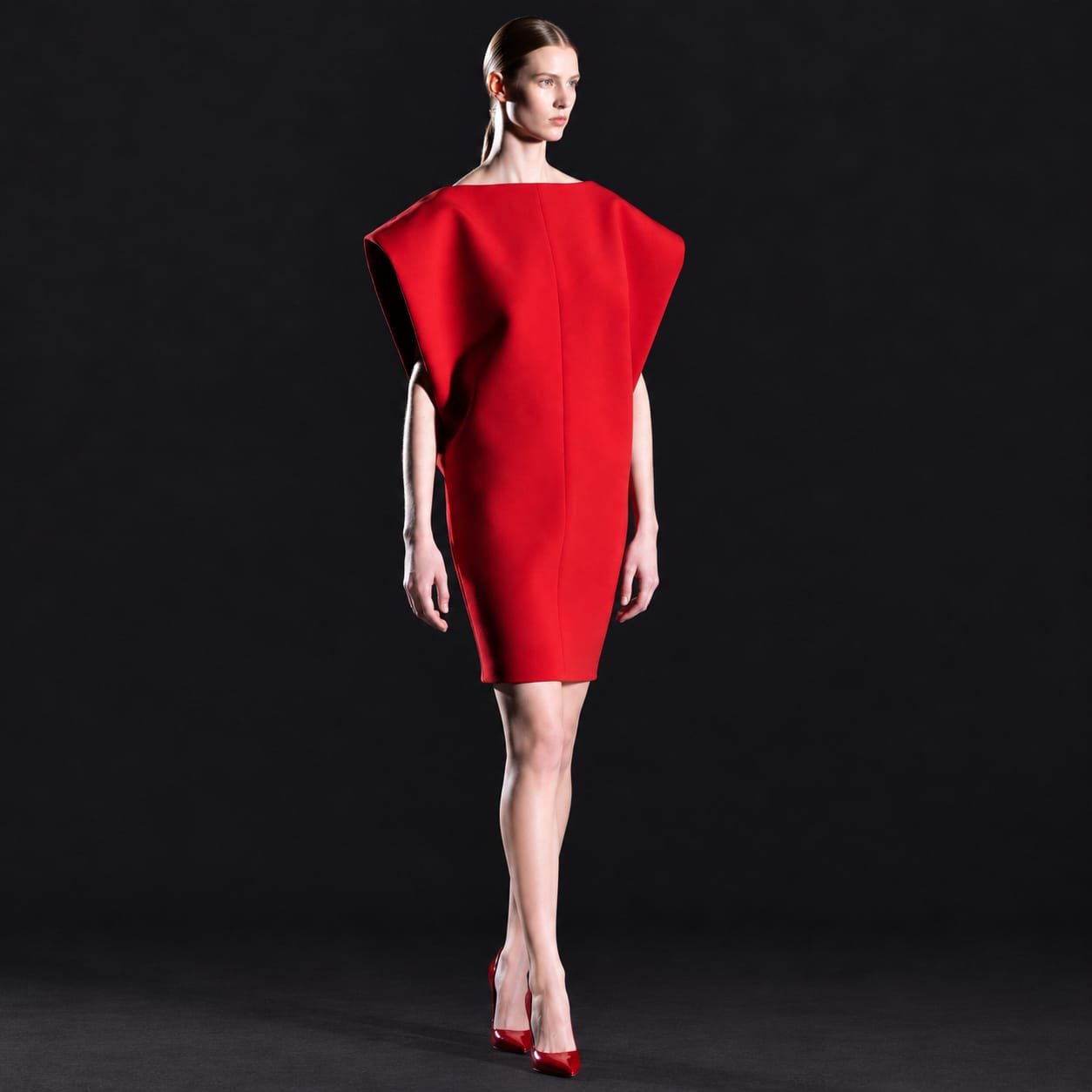SELLBAY CRIMSON INVERTED CONE COUTURE DRESS