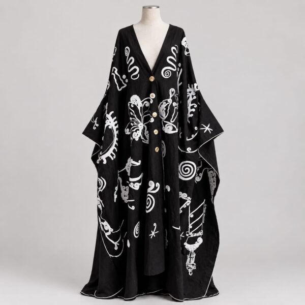 SELLBAY Broadway Kaftan | Premium Linen Black & White Embroidered Kaftan