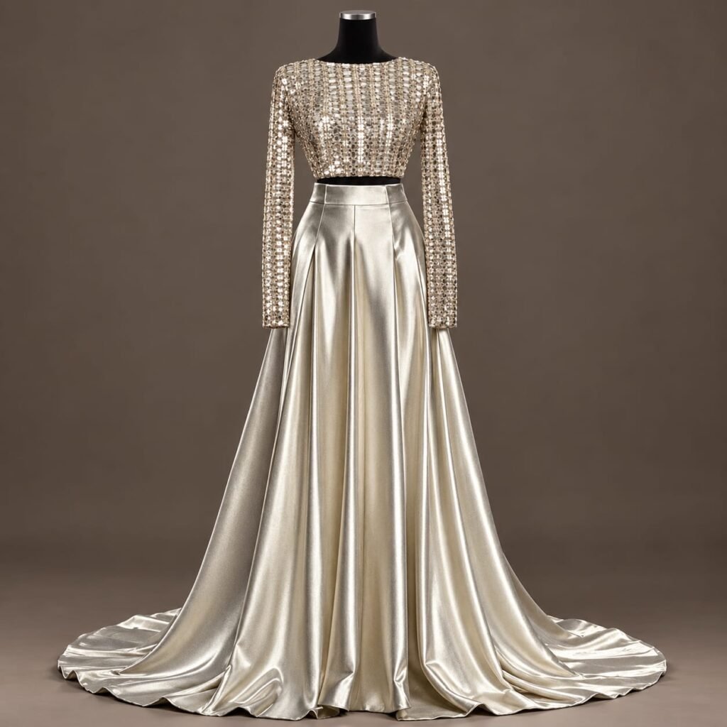 SELLBAY champagne-silver two-piece outfit with sequin net crop top and flowing silk skirt with long train