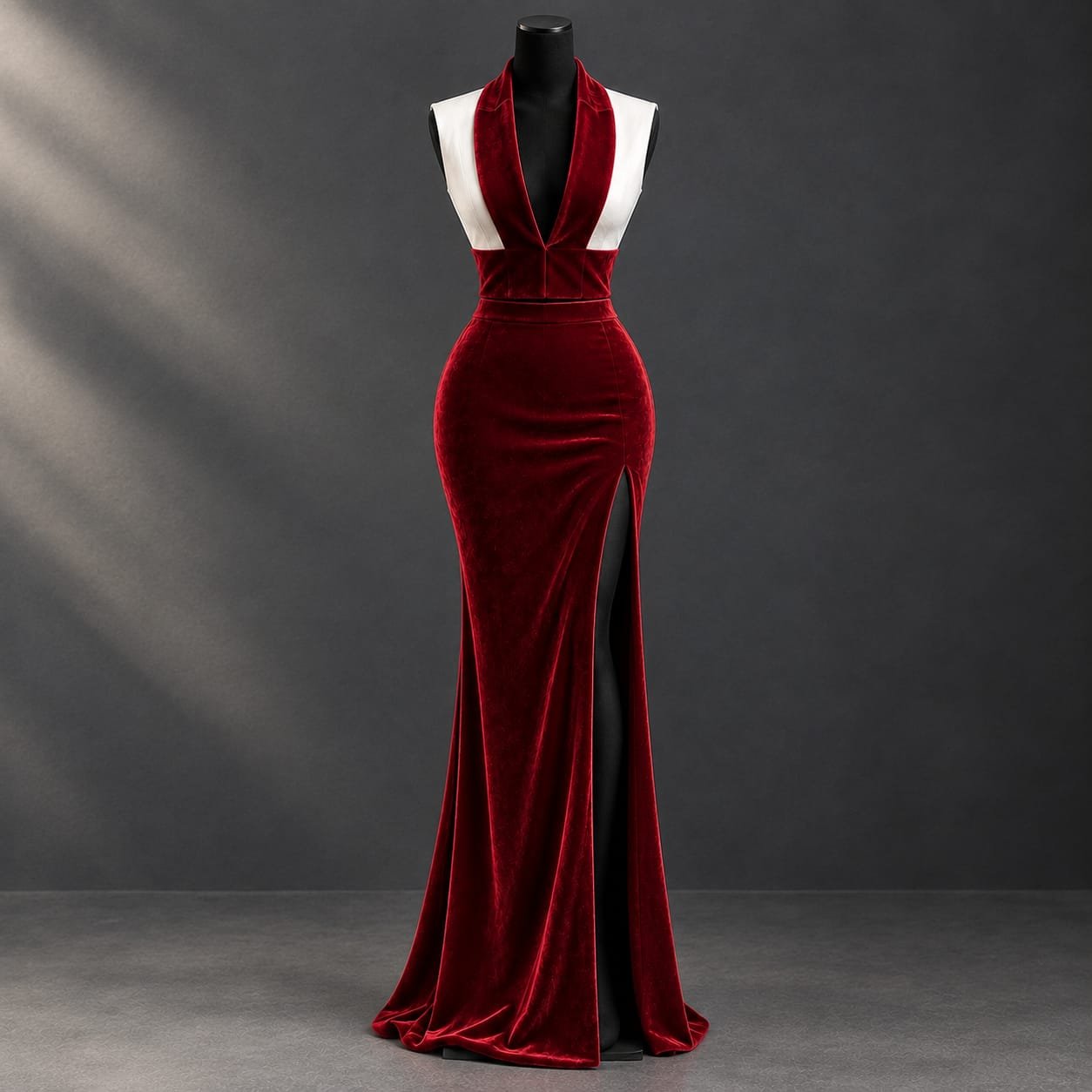 SELLBAY burgundy velvet floor-length evening gown with white bodice panels and high side slit.