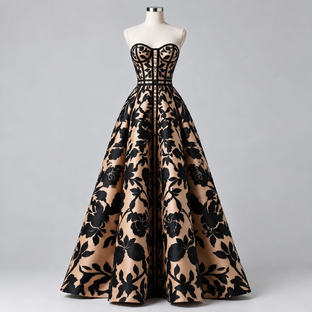 SELLBAY Black Floral Velvet Silk Ball Gown | Luxury Evening Dress