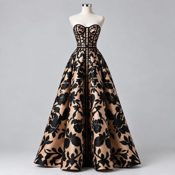 SELLBAY Black Floral Velvet Silk Ball Gown | Luxury Evening Dress