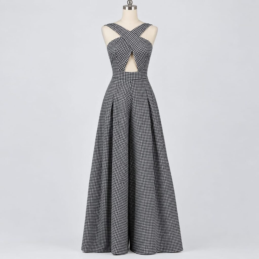 Black and white gingham cross-back palazzo jumpsuit with crossover bodice and wide-leg trousers displayed on a mannequin