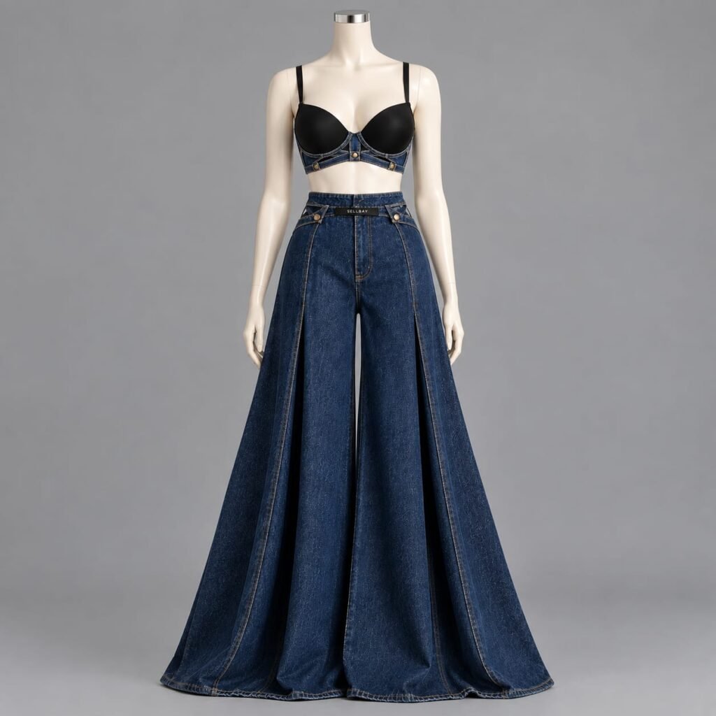 SELLBAY Denim Empress Set featuring a black sculpted bra-style top with structured indigo denim detailing and dramatic floor-length flared denim palazzo trousers on a mannequin.
