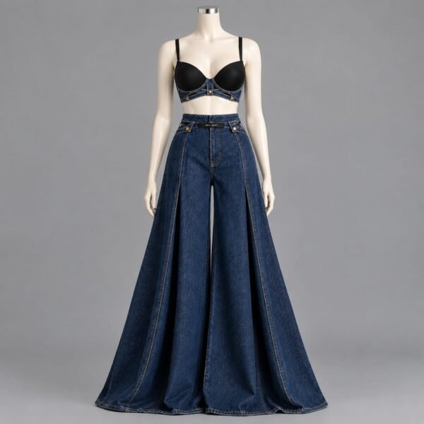 SELLBAY Denim Empress Set featuring a black sculpted bra-style top with structured indigo denim detailing and dramatic floor-length flared denim palazzo trousers on a mannequin.