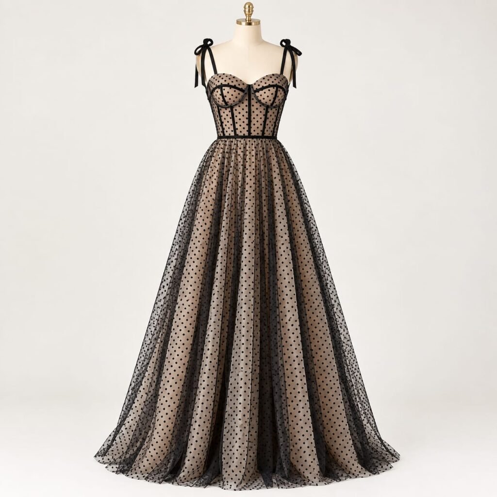 SELLBAY Black Dot Couture Gown featuring a structured corset bodice and full flare skirt in black dot-printed textured fabric and net
