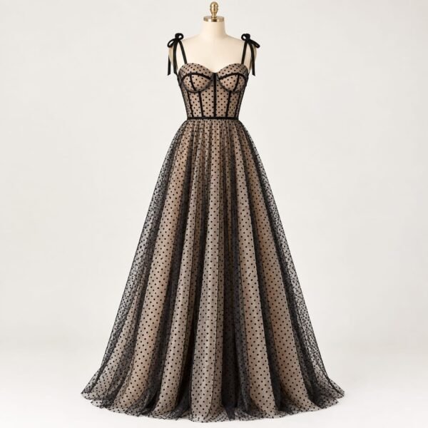 SELLBAY Black Dot Couture Gown featuring a structured corset bodice and full flare skirt in black dot-printed textured fabric and net
