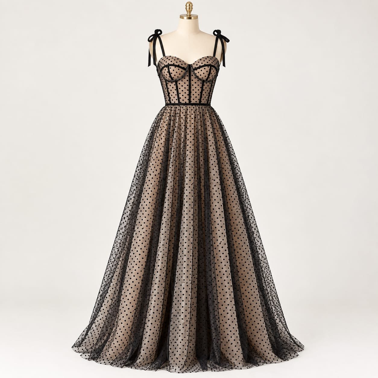 SELLBAY Black Dot Couture Gown featuring a structured corset bodice and full flare skirt in black dot-printed textured fabric and net