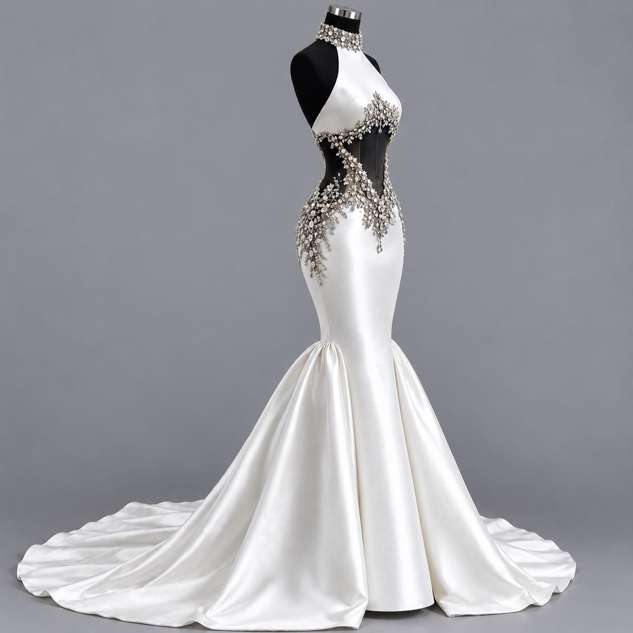 Side view of an ivory silk mermaid bridal gown showing the fitted silhouette, crystal embellishment and flowing train