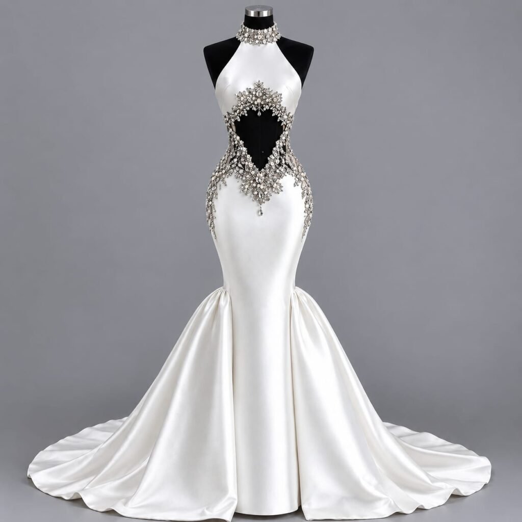 Front view of a luxury ivory silk mermaid bridal wedding gown with crystal and pearl embellishments, halter neckline and sweeping train