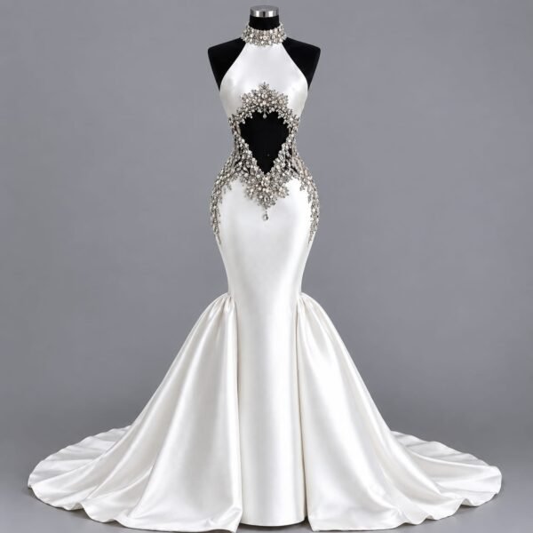Front view of a luxury ivory silk mermaid bridal wedding gown with crystal and pearl embellishments, halter neckline and sweeping train