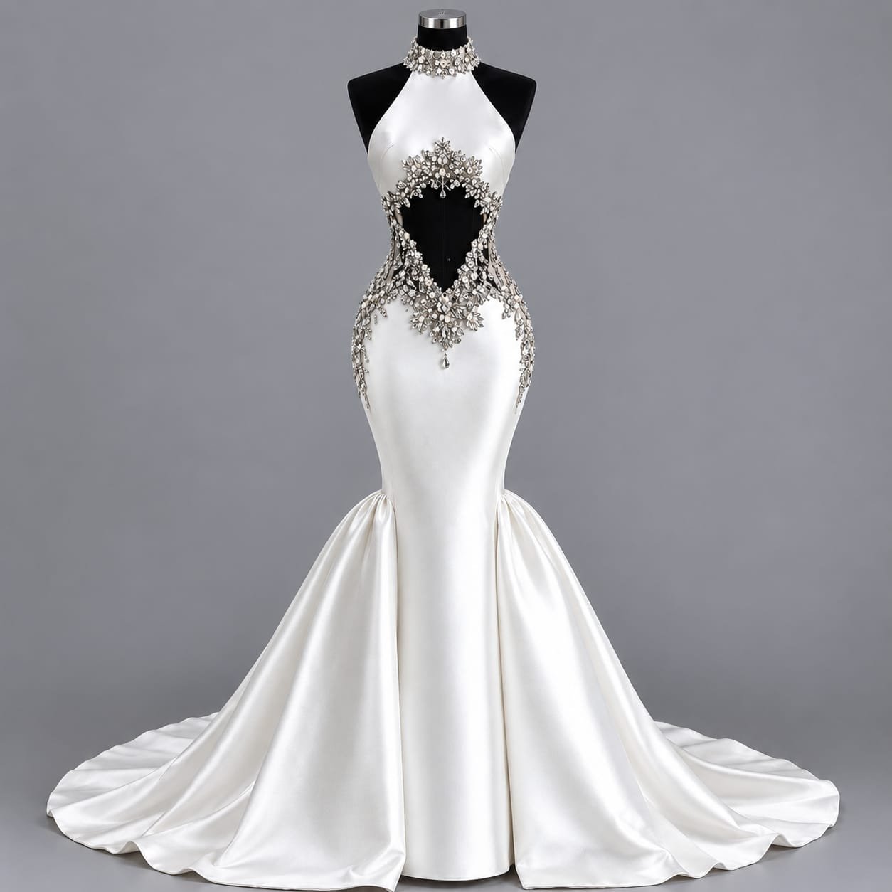 Front view of a luxury ivory silk mermaid bridal wedding gown with crystal and pearl embellishments, halter neckline and sweeping train