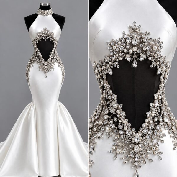 Close-up detail of crystal, pearl and silver-tone floral embellishments on a luxury ivory silk bridal gown
