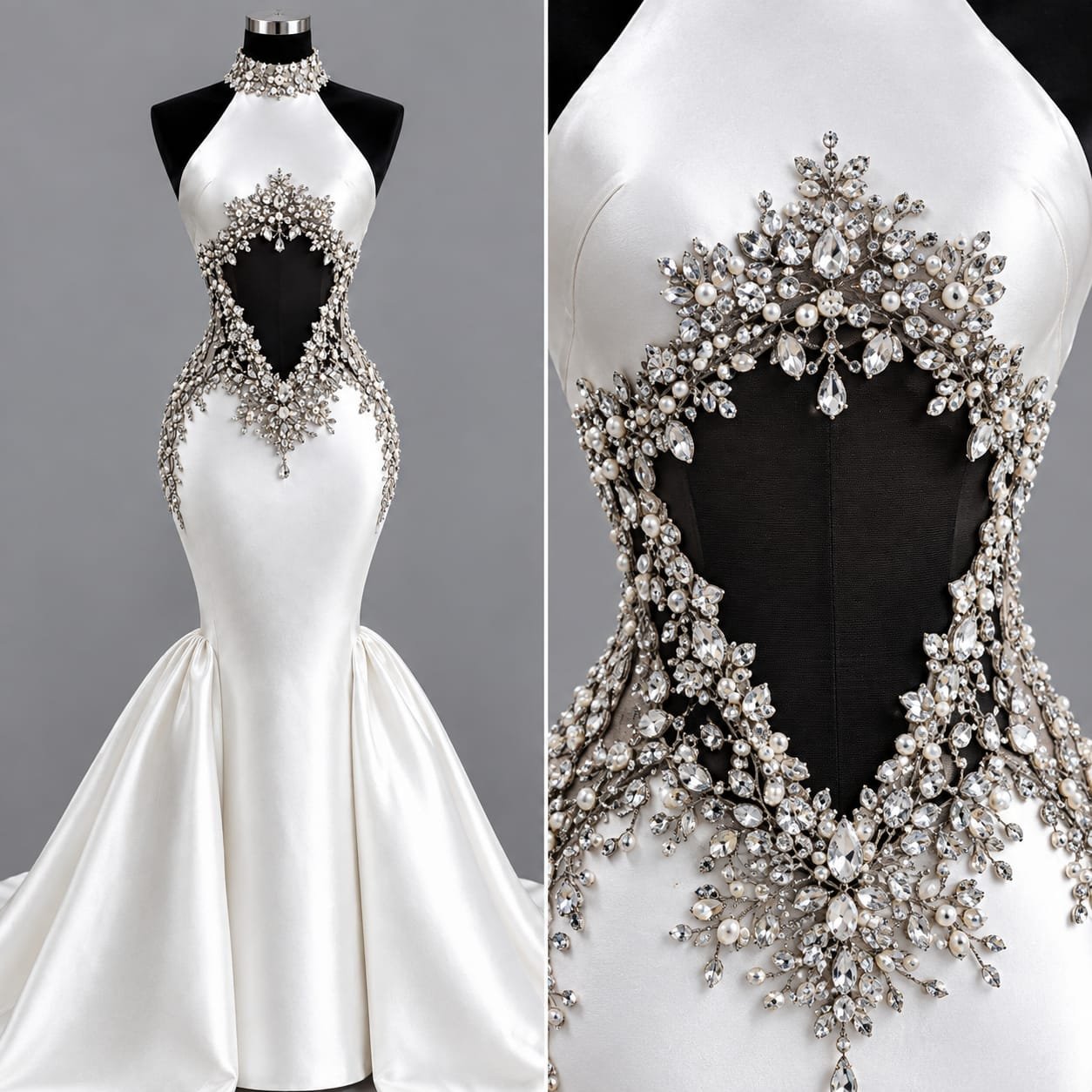 Close-up detail of crystal, pearl and silver-tone floral embellishments on a luxury ivory silk bridal gown