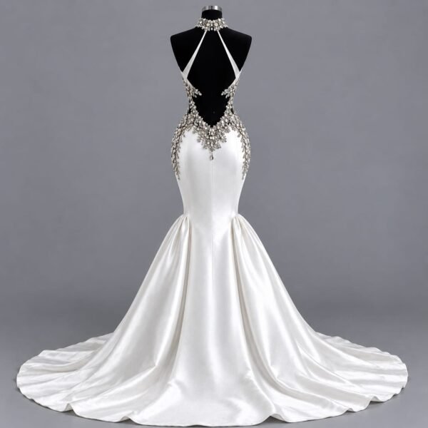 Back view of an ivory silk mermaid wedding gown with open-back design, crystal embellishments and sweeping train
