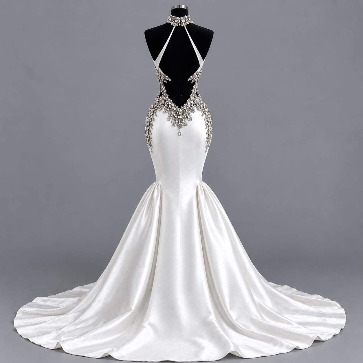 Back view of an ivory silk mermaid wedding gown with open-back design, crystal embellishments and sweeping train