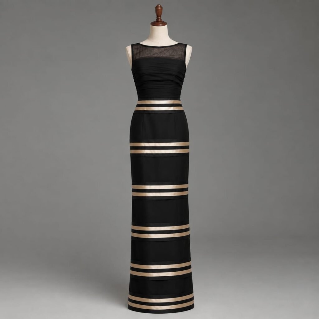 SELLBAY black floor-length evening dress with champagne-gold horizontal bands, ruched bodice, sheer deep V-back, and fitted silhouette