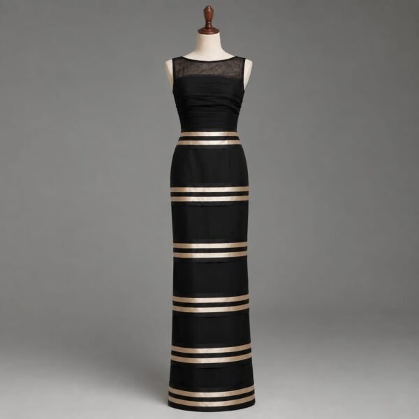 SELLBAY black floor-length evening dress with champagne-gold horizontal bands, ruched bodice, sheer deep V-back, and fitted silhouette