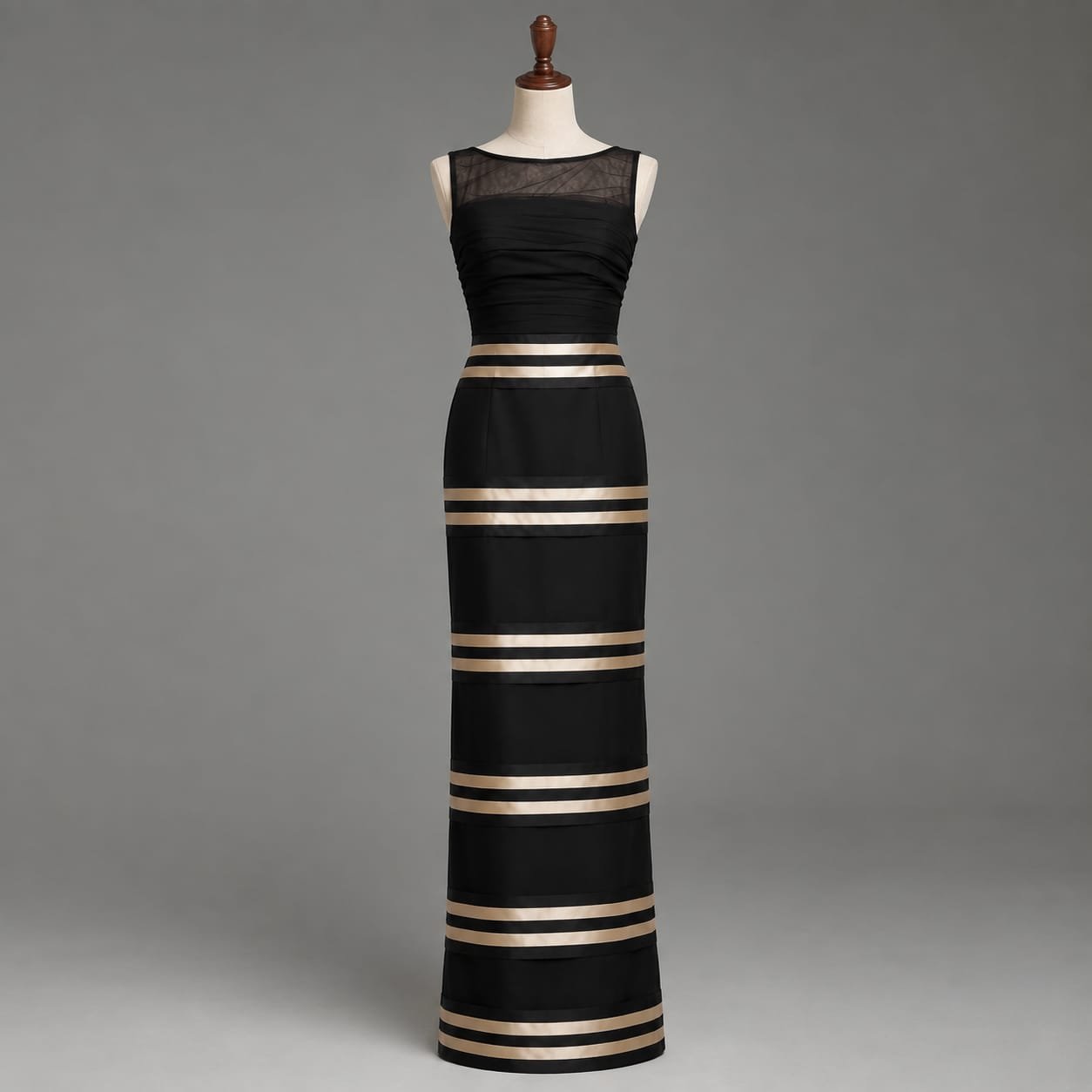 SELLBAY black floor-length evening dress with champagne-gold horizontal bands, ruched bodice, sheer deep V-back, and fitted silhouette