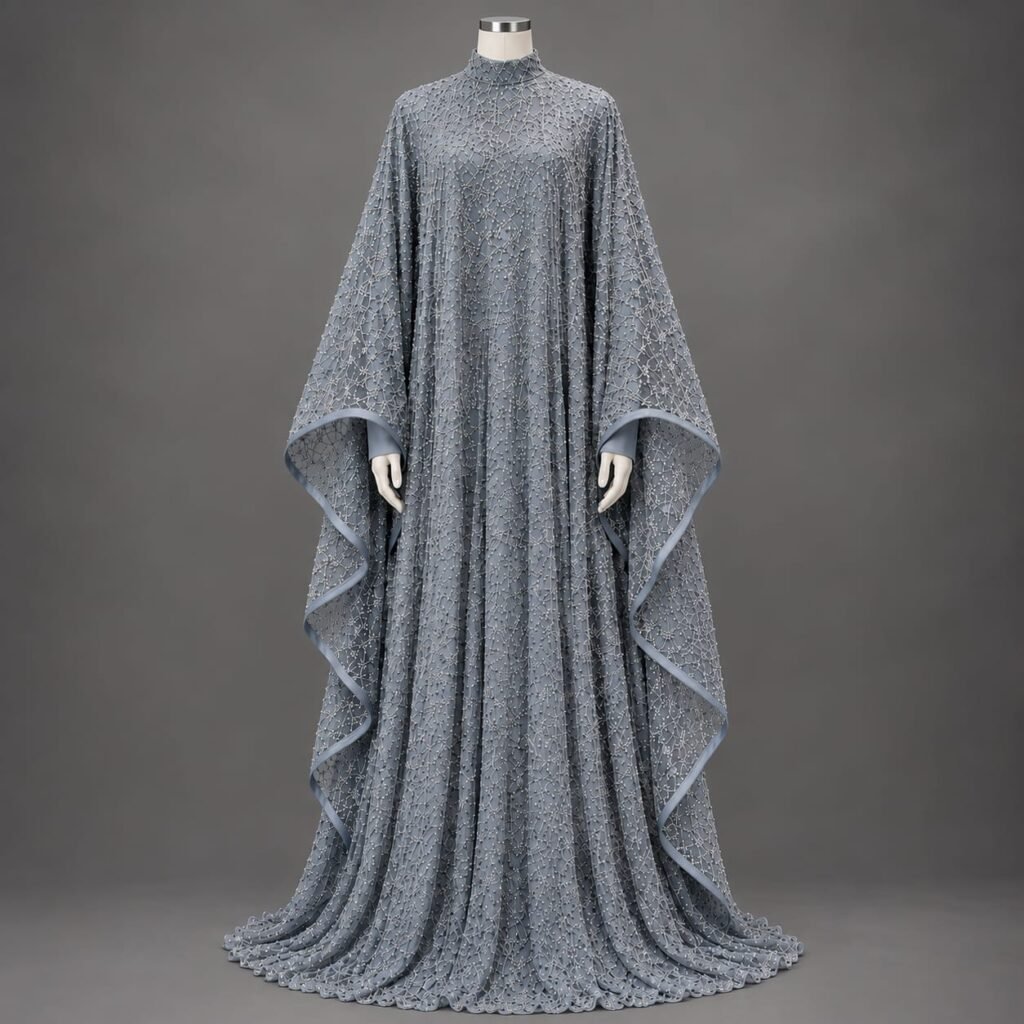 SELLBAY ARABIAN BROADWAY FANCY KAFTAN IN STEEL GREY NET SILK WITH INTRICATE EMBELLISHMENT AND FLOWING CAPE SLEEVES