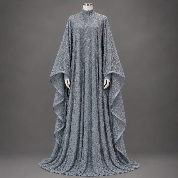 SELLBAY ARABIAN BROADWAY FANCY KAFTAN IN STEEL GREY NET SILK WITH INTRICATE EMBELLISHMENT AND FLOWING CAPE SLEEVES