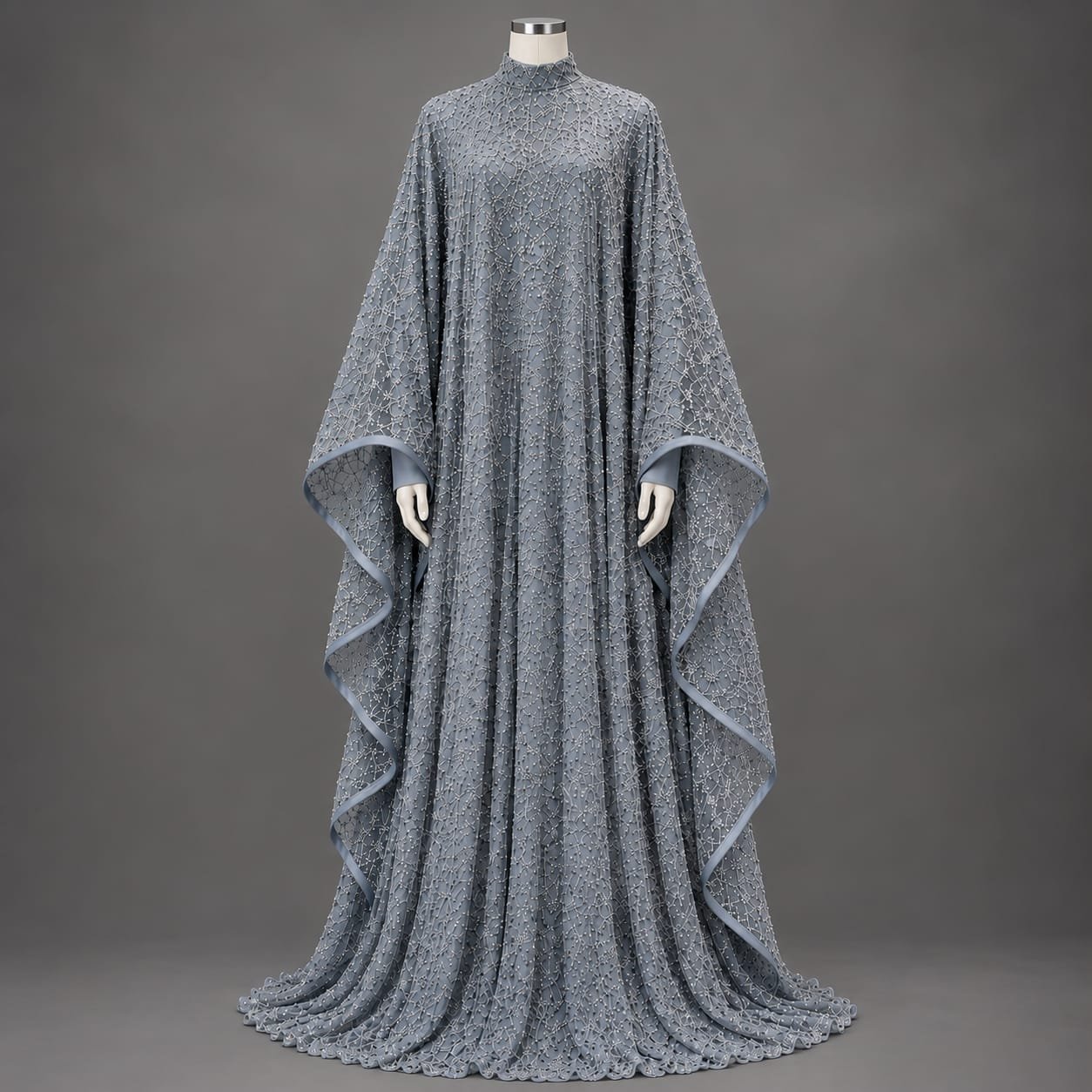 SELLBAY ARABIAN BROADWAY FANCY KAFTAN IN STEEL GREY NET SILK WITH INTRICATE EMBELLISHMENT AND FLOWING CAPE SLEEVES